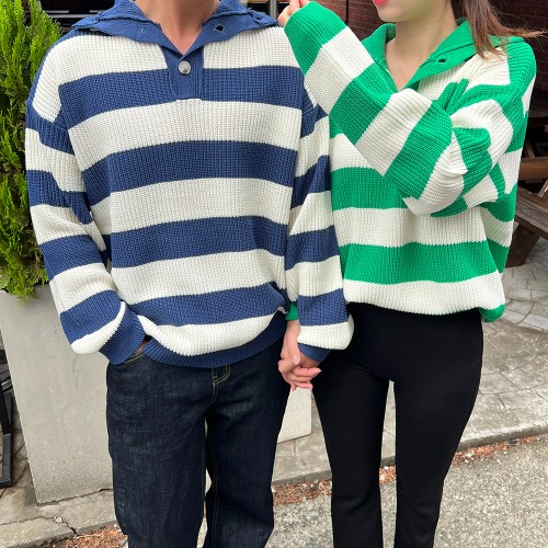 토미 폴라넥 남녀공용 커플룩 단가라 스트라이프 니트 티셔츠 3color