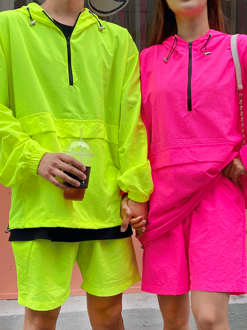 남녀공용 커플룩 와샤 바람막이 아노락 후드집업 반바지 트레이닝복 세트 7color