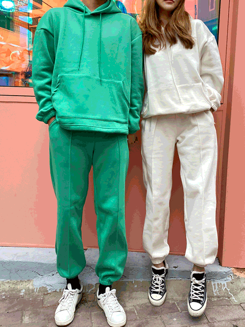 남녀공용 커플 국민 기본 무지 후드티셔츠 조거팬츠 기모 트레이닝복 세트 7color