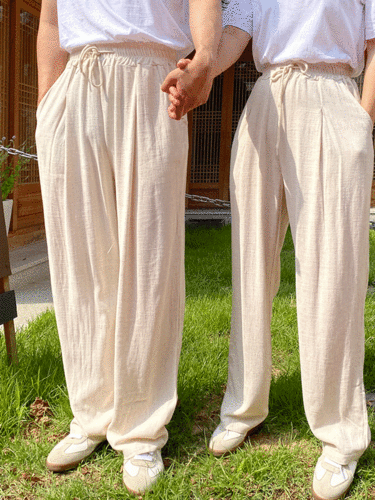 핀턱 린넨 남녀공용 커플 밴딩 슬랙스 와이드팬츠 2color
