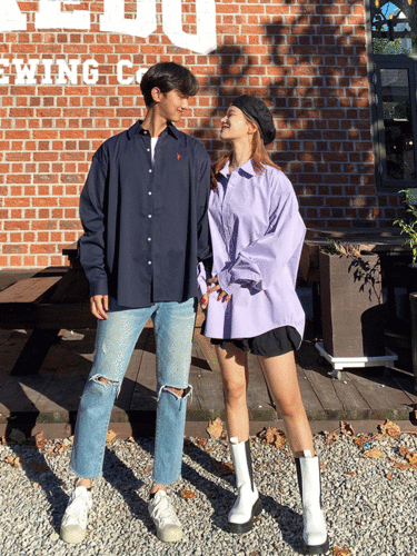 바스락 남녀공용 커플룩 오버핏 캐주얼 자수 남방 언발 셔츠 3color