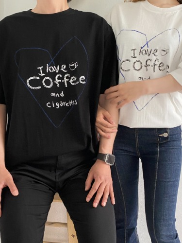 커피 남녀공용 커플룩 오버핏 프린팅 라운드넥 반팔티셔츠 (블랙/화이트)