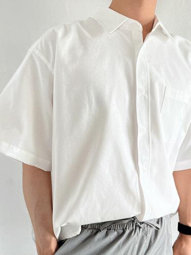 옥스포드 심플 남성룩 오버핏 반팔 남방 카라 셔츠 (하늘/화이트)