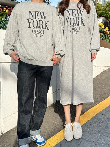 뉴욕 남녀공용 커플룩 시밀러룩 오버핏 맨투맨 티셔츠 롱원피스 3color